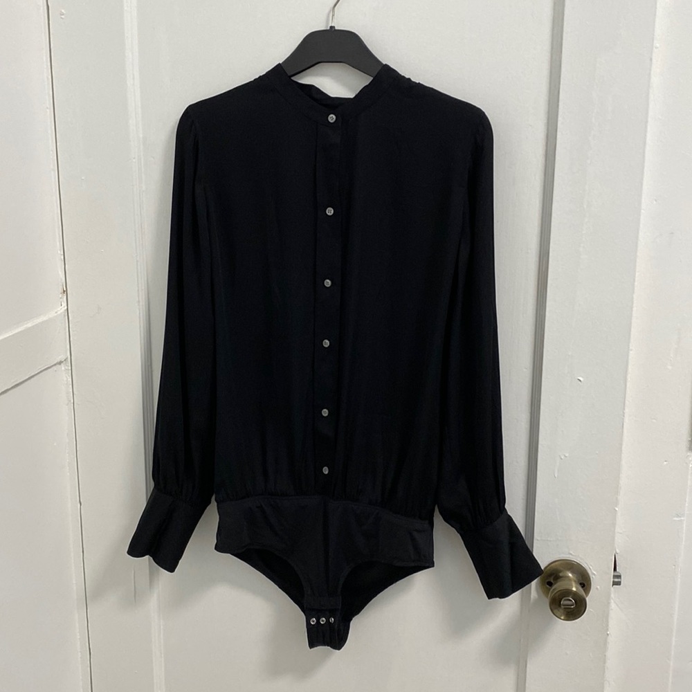 Jcrew Silk Collarless Black Button Up Bodysuit